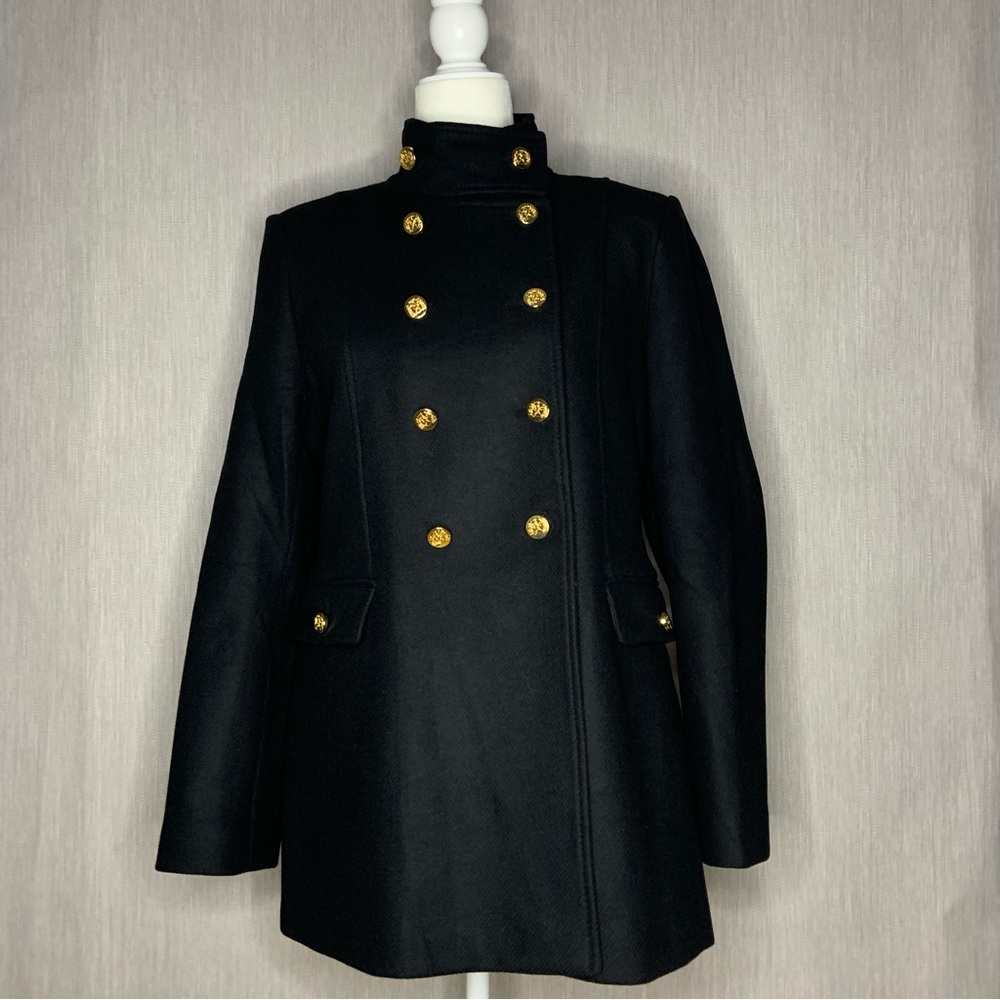 Zara Wool Military Style Black Coat Gold Button Detail Manteco Italian Fabric